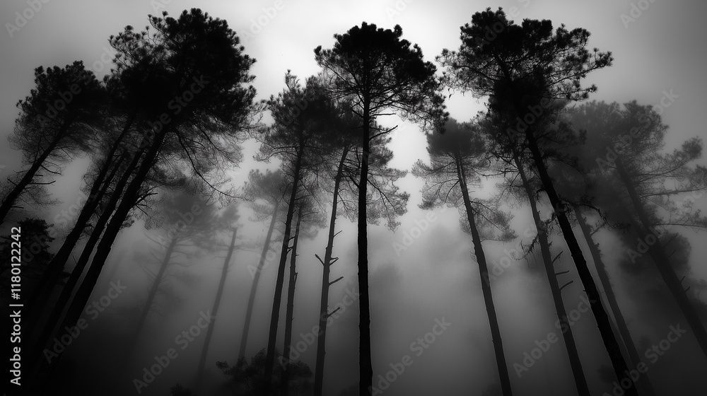 Poster dense fog envelops a tranquil forest, creating a mysterious atmosphere at dawn