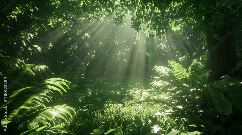 Poster sunlight filters through the dense jungle canopy creating a serene and mystical atmosphere in the he