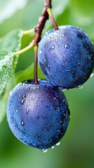 A couple of blue plums hanging from a tree branch with water droplets