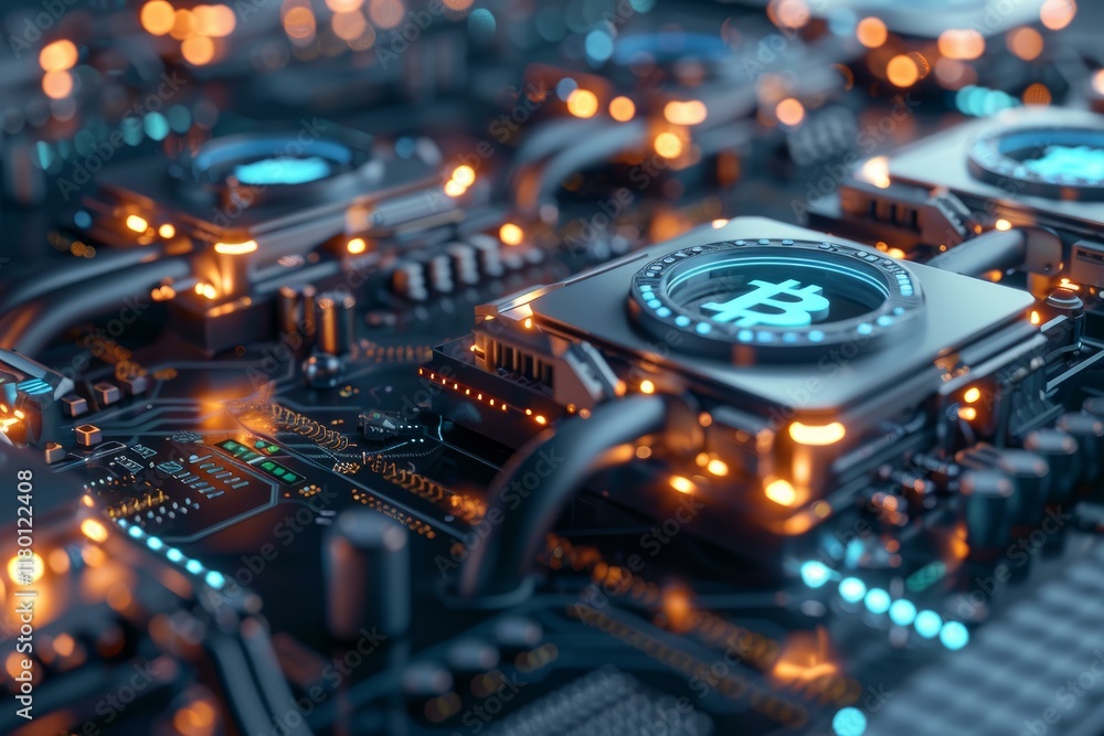 Poster cryptocurrency mining rig processing bitcoin transactions on a circuit board