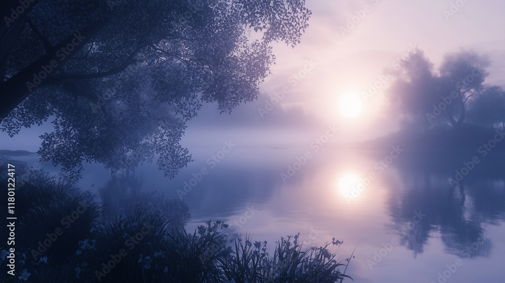 Poster foggy morning over a tranquil lake with mist creating a serene atmosphere and soft light reflecting 
