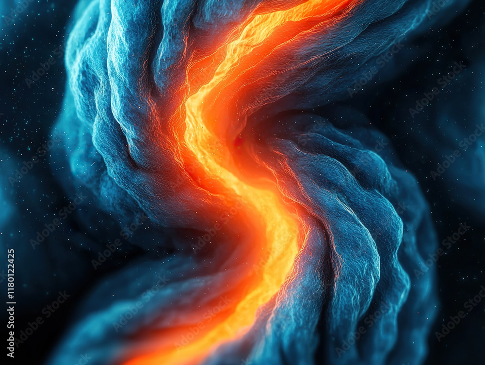 Poster dynamic clash of blue and orange energies creating visually striking abstract vortex in dark backgro