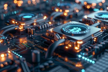 Cryptocurrency mining rig processing bitcoin transactions on a circuit board