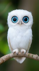 Fototapeta premium A white owl with blue eyes sitting on a branch