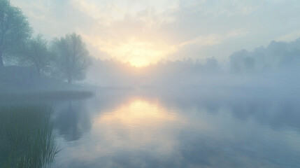 Fototapeta premium Fog envelops a tranquil lake at dawn as mist rises from the water creating a serene atmosphere and soft reflections