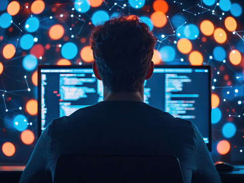 Person analyzing data on computer screen with digital connections and vibrant bokeh lights
