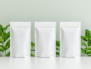 Three blank white packaging pouches on white surface with green plants in background