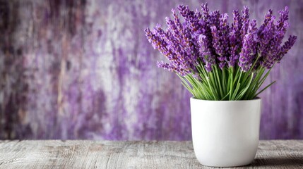 Fototapeta premium A white vase filled with purple flowers sitting on top of a wooden table