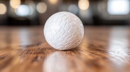 A white golf ball sitting on top of a wooden table