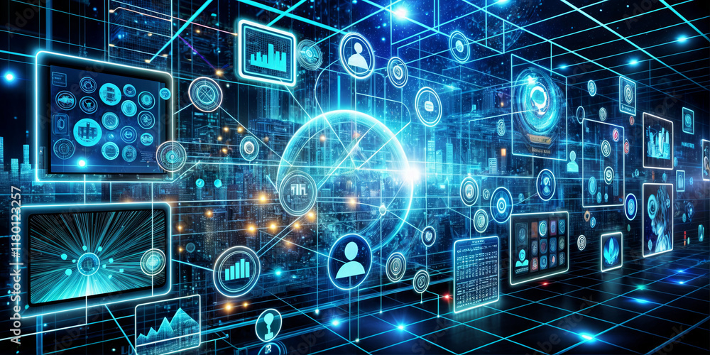 Poster the setting showcases an advanced digital network featuring glowing data charts, icons, and nodes. t