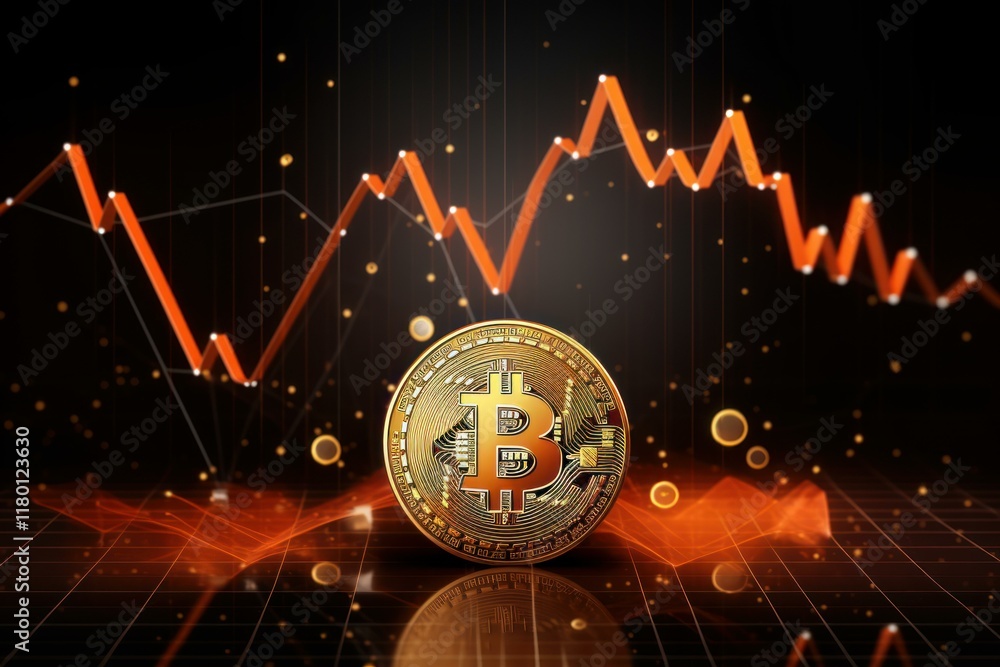 Poster golden bitcoin coin on digital surface with decreasing graph showing investment risk and financial c