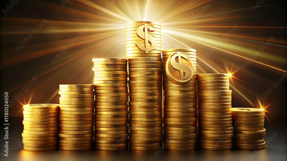 Poster stacks of shiny golden coins are arranged in a pyramid shape, illuminated by a glowing light source 