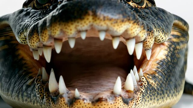 Unique close-up of reptile with sharp teeth showcasing intricate skin patterns and open mouth