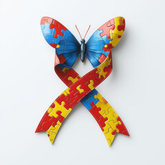 Butterfly puzzle pattern ribbon on a white background, for world autism day.