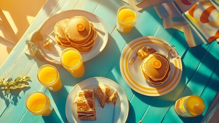 Obraz premium A photo of a family enjoying breakfast together with pancakes and orange juice.