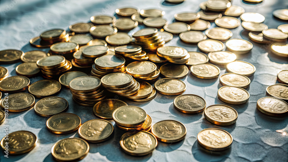 Poster numerous golden coins are spread across a crumpled surface, reflecting light and showcasing intricat