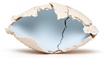 A cracked egg shell with a hole in it