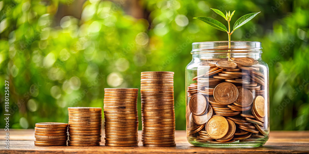 Poster several stacks of coins gradually increase in height next to a glass jar filled with coins and a sma