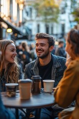 A close group of young friends enjoying coffee at a street cafe in a bustling urban area, surrounded by pedestrians, bicycles, and city vibes