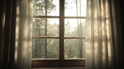 Fototapeta premium Sunlit window with sheer curtains, overlooking a pine forest.