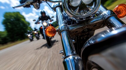 Fototapeta premium A group of people riding motorcycles down a road