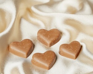 Obraz premium Valentine heart-shaped chocolate pieces on silk fabric romantic gift idea soft lighting sweet treats for lovers