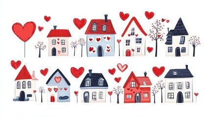 Fototapeta premium Charming houses adorned with hearts, symbolizing love and connection.
