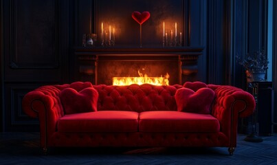 Red velvet sofa with plush heart-shaped cushions, illuminated by a glowing fireplace and ambient soft lighting