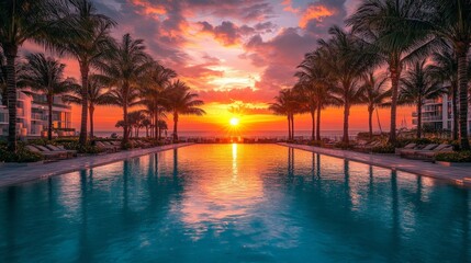 Fototapeta premium A vibrant Miami bay sunrise scene with sparkling water and warm hues, evoking tranquility and tropical elegance, perfect for travel promotions.