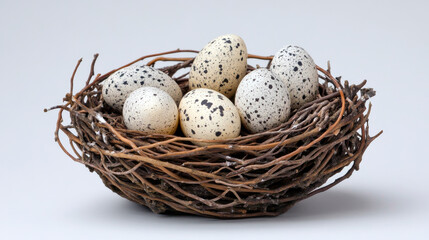 Obraz premium Bird's Nest with Speckled Eggs on Neutral Background