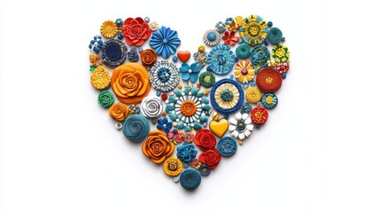 Colorful floral arrangement forming a heart shape on white background.
