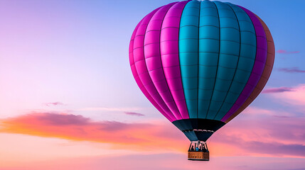 Fototapeta premium A vibrant hot air balloon in purple and teal floats against a colorful sunset sky, creating a stunning visual spectacle.