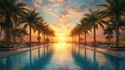 A vibrant Miami bay sunrise scene with sparkling water and warm hues, evoking tranquility and tropical elegance, perfect for travel promotions.