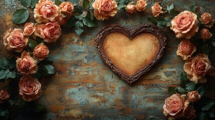 Rustic Heart and Roses: A vintage heart-shaped frame surrounded by delicate peach roses, rests on a textured, rustic background. Perfect for Valentine's Day, wedding invitations, or romantic projects.