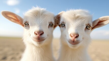 Fototapeta premium Two small white goats standing next to each other in a field