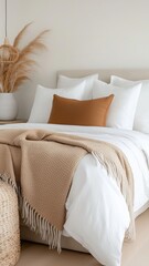 Cozy minimalist bedroom with earthy tones and textured decor elements