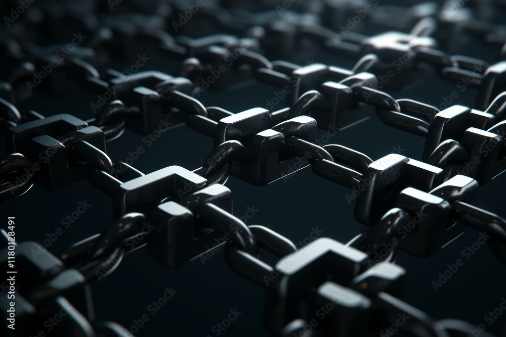 Poster metallic chains interlocked, forming a grid like pattern on a dark background