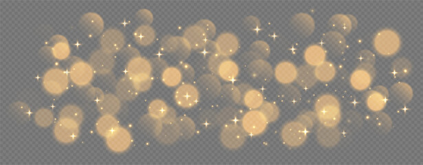 Golden bokeh with stars and sparkles, shiny overlay decoration isolated on grey background. Vector illustration.