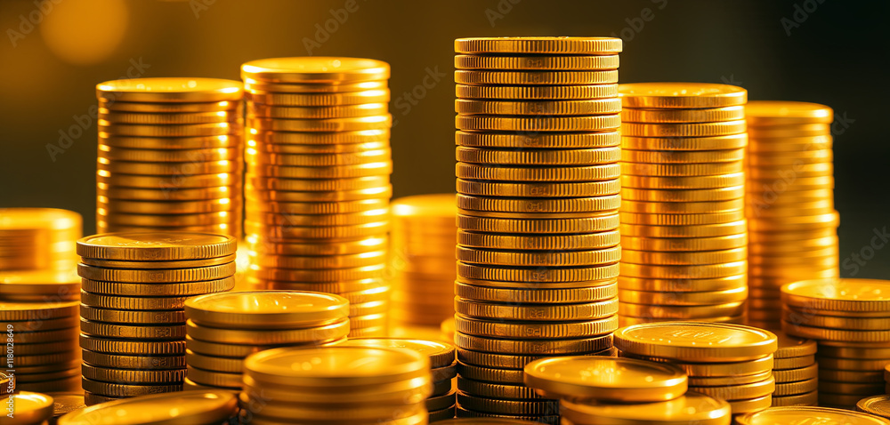 Poster multiple stacks of gold coins rise prominently in the foreground, creating an impressive display of 