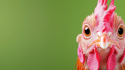  A close up of a rooster's head with a green background
