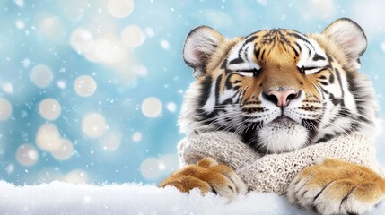 Obraz premium A tiger laying in the snow with its eyes closed
