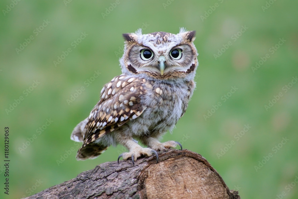 Poster a small owl sits atop a decaying tree stump in a natural setting