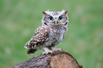 Obraz premium A small owl sits atop a decaying tree stump in a natural setting