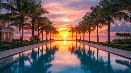 Obraz premium A vibrant Miami bay sunrise scene with sparkling water and warm hues, evoking tranquility and tropical elegance, perfect for travel promotions.