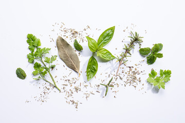 Flat composition of aromatic herbs on a white background