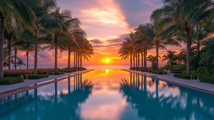 Fototapeta premium A vibrant Miami bay sunrise scene with sparkling water and warm hues, evoking tranquility and tropical elegance, perfect for travel promotions.
