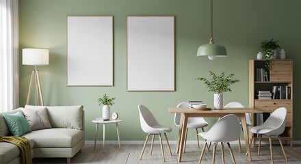 
Blank Framed Canvas Mockup in Stylish Living Room with Light Green Decor