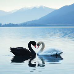 Fototapeta premium Romantic Scene of a Black Swan and White Swan Forming a Heart Shape on a Tranquil Lake with Serene Water and Mountain Backdrop