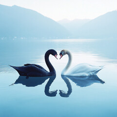 Fototapeta premium Romantic Scene of a Black Swan and White Swan Forming a Heart Shape on a Tranquil Lake with Serene Water and Mountain Backdrop