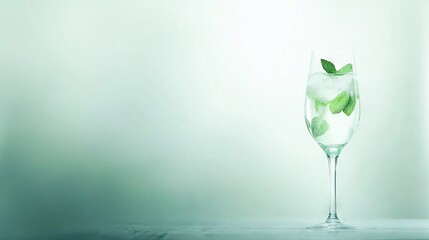  A glass with half water and half emptiness has a green leaf on its rim